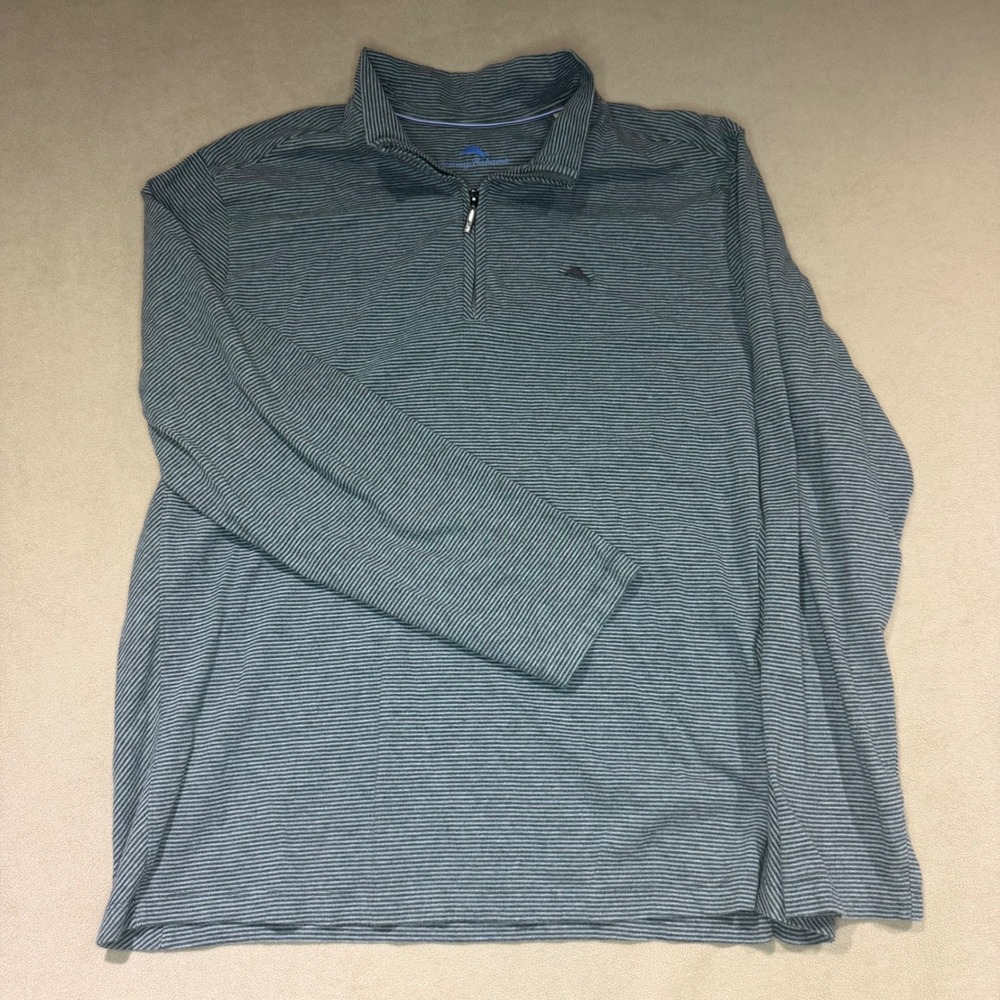 Tommy Bahama Mens XXL Quarter Zip Pullover Grey Striped Cotton Modal Sweater